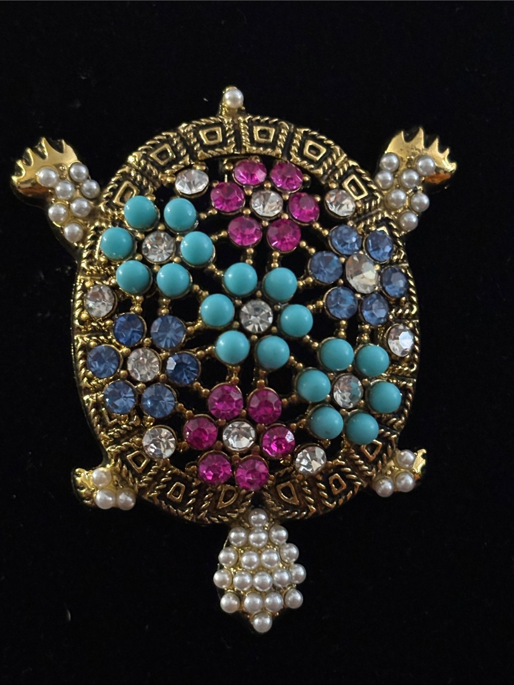 Gold-Tone Multi-Stone Turtle Brooch - Vibrant Pink, Turquoise & Blue